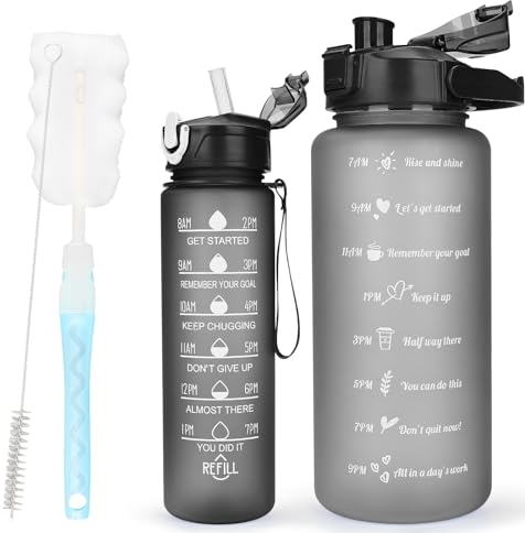 CodiCile 2 Pack Water Bottle Set - 2 Liters & 750ml With Straw, BPA Free, Motivational Canteen With Time Marking, Leakproof Large Sport Drink Bottle for Women Men