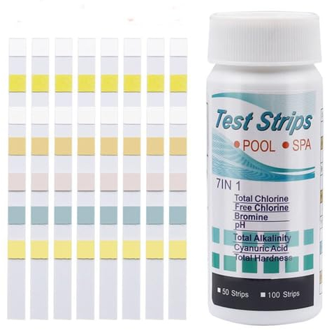 Lot de 100 testeurs d'eau de piscine 7 en 1, bandelettes de test pour chlore libre, pH, chlore libre, dureté totale, brome, chlore total, chlore total, acide cyanurique, alcalinité totale