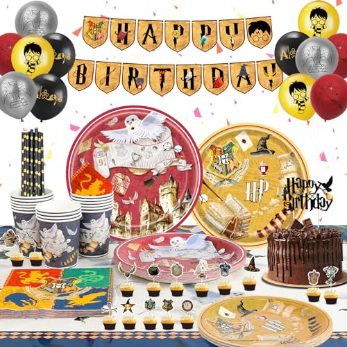 Magical Wizard Party Tableware Set - Supplies for Birthday Celebrations - Paper Plates, Cups, Napkins, Table Cloth, Banner, Balloons, Decorations