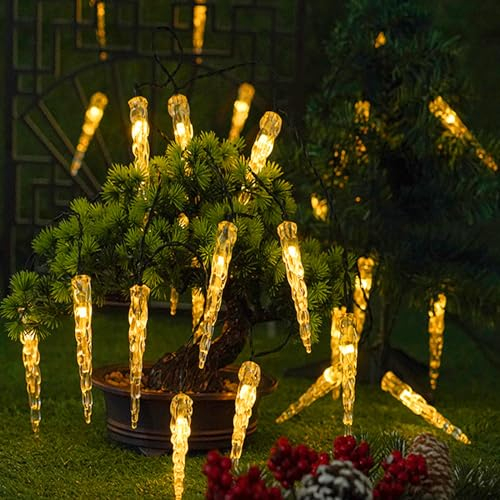 KINGCOO 20LED Eiszapfen Lichterkette Außen und Innen, Wasserdicht 5M LED Solar Eiszapfenleuchten Rohr Lichter für Balkon Party Garten Haus Weihnachtsbeleuchtung Deko (Warmweiß)