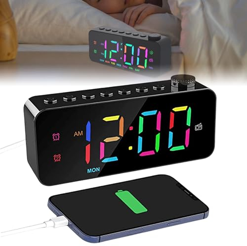 Wecker digital mit 2 Weckzeiten, Bunter LED Digital Wecker RGB Digitaler Uhr mit Licht,Timer,Snooze LED Anzeige,8 Einschlafgeräusche Nachlicht Dimmbar Wecklautstärke Helligkeit,USB-Ladeanschluss