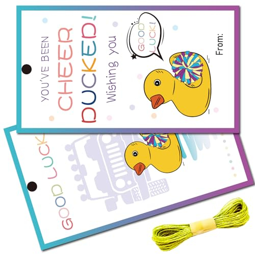 CREATCABIN 50Pcs Duck Tags Cruising Rubber Duck Tag Cruise Duck Duck Tags Double Sided Duck Tag with Hole and Twine for Car Birthday 2x3.5Inch-GOOD LUCK YOU'VE BEEN CHEER DUCKED Wishing you From: