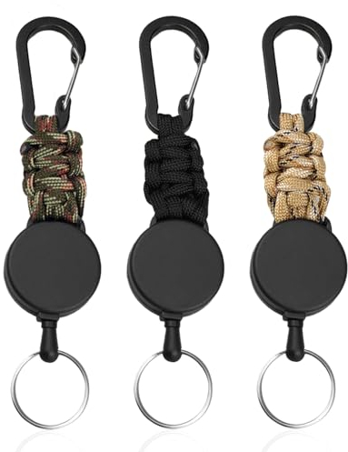 starfa lab einziehbarer Schlüsselanhänger, 3 Stück Schlüsselband Ausziehbar Schlüsselrolle halter mit 65cm Stahldrahtseil und Karabiner (Schwarz+Khaki+Braun)