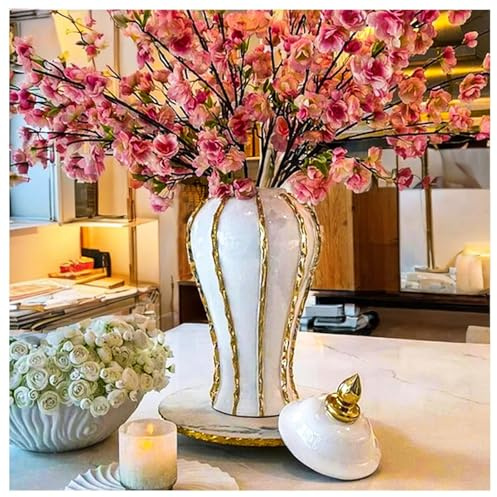 Ginger Jar, White Gold Ceramic Vase Large Handmade Porcelain Vases with Lid, White Gold Decorative Flower Vase for Home, Living Room, Weddings, Centerpieces (46cm)