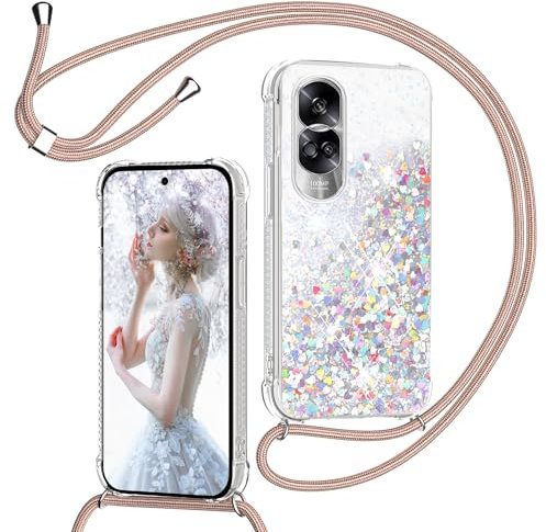 TUUTPU Coque pour Honor 90 Lite 5G avec Cordon, Paillette Liquide Étui pour Téléphone avec Lanière, Transparent Silicone Collier Réglable Protection Housse Portable Lanyard Case, Or Rose