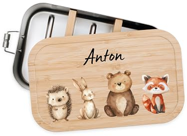 Bärenfreunde® - Personalisierte Brotdose für Kinder mit Spezial-Druck - Robuste Edelstahl Brotdose - Personalisierte Geschenke für Kinder & Erwachsene (4 Waldtiere,klein Edelstahl)