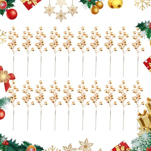 20 Stück Weihnachten Künstlicher Beerenzweig Goldene/Rote Beeren Dekoration Weihnachten Holly Branches de pin Artificielles Wasserfeste Beerenzweige für Weihnachten, Zuhause, Hochzeit (Gold)