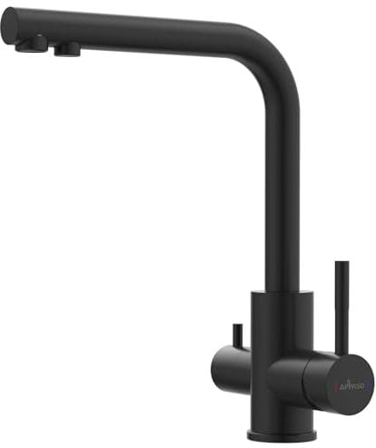APPASO 3-Wege Wasserhahn Küche Schwarz, 3 in 1 Mischbatterie für Wasserfilter, 360° Drehbar, 2 Hebel Trinkwasserhahn, Edelstahl Drei Wege Armatur