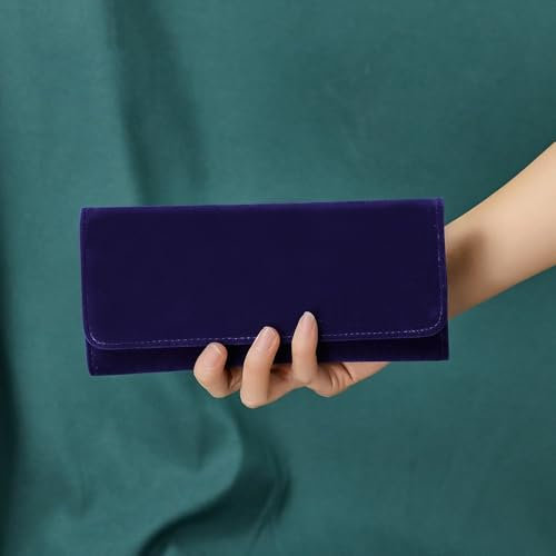 Cleminsta Porta Gioielli da Viaggio, Rotolo Portagioie Pieghevole Borsa Portagioielli Portatile Organizer per Gioielli in Velluto per Anelli, Collane, Orecchini, Braccialetti, Orologi, Spille (Blu)