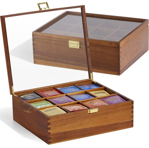 HouseJoy Tea Bag Organizer, Acacia Wood Tea Storage Box, 12 Compartments Tea Bags Storage Drawer with Clear Glass Window, Tea Bag Holder for Countertop Kitchen Cabinet Pantry - Keeps Tea Bags Fresh
