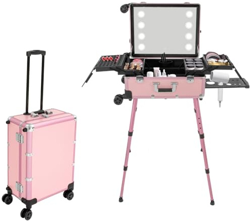 DAOHHFO Valise cosmétique à roulettes avec 3 niveaux, station de maquillage professionnelle avec pieds réglables, 4 roulettes et 8 LED de réglage en 3 couleurs, étagères extensibles max. 50 kg, Rose,