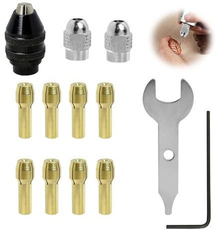 Drill Chuck Collet Set for Dremel, 13PCS Chuck Collet Kit, 0.8-3.2mm Shank Replacement 4486 Rotary Tool Keyless Quick Change Chuck Accessory with Replacement 4485 Brass Collet Metal Nut and Wrench