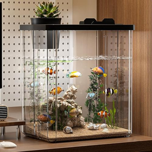 Fish Tank | Desktop Small Acrylic Fish Tank | Aquarium Starter Kits with Air Pump and Atmosphere Light | Modern Compact Transparent Tank with Artificial Flowers for Fish, Shrimp, Goldfishs