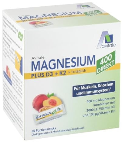 Magnesium 400 + D3 + K2 direkt mit leckerem Pfirsich-Maracuja Geschmack - Direktgranulat zur Einnahme ohne Wasser