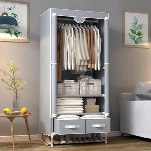 Tragbarer Kleiderschrank-Organizer mit Hängeregal und zwei Schubladenkästen, einfache Montage, Rolltür-Schrank für kleine Räume (grau)