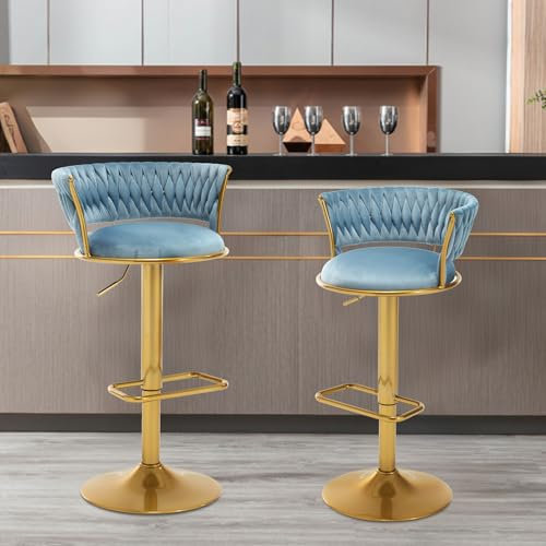 WOLMICS Barhocker barstuhl 2er Set höhenverstellbar,Tresenhocker 360° drehbar,Küchenhocker mit geflochtener Rückenlehne Fußstütze,Samtstuhl mit Metallrahmen, Blau
