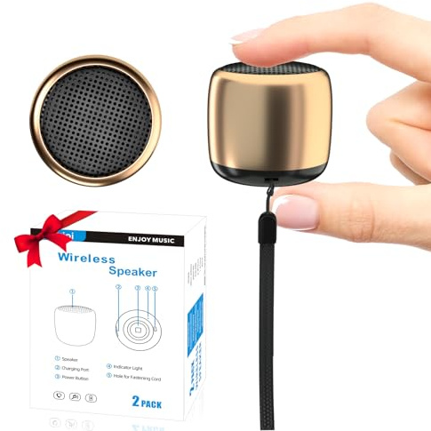 AUKSKY 2Pack Portable Mini Speaker, Bluetooth Tiny Speaker, Wireless Mini Speaker for Shower, Room, Bike, Rechargeable Battery, Built-in Microphone, Cute Mini Speaker with Strap to Carry, Gold