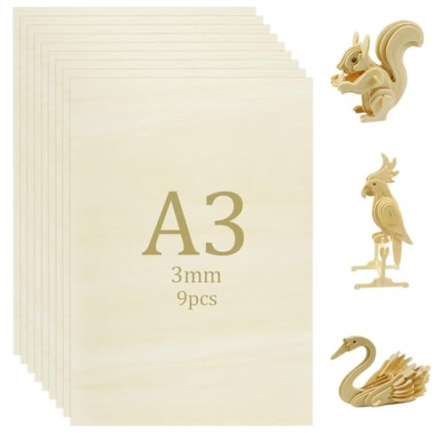 Xmart 9 Pièces A3 Tilleul Panneau Bois 420x300x3 mm Contreplaqué Mince Planche Bois Brut Bois Pour Gravure Laser DIY ModéLisation de Sculpture Artisanale Panneau Fond de Meuble