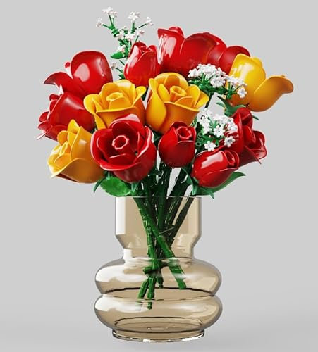 HOGOKIDS Blumenstrauß-Bausatz mit Lichtern - 16 Rosenstrauß botanische Bausteine künstliche Rot Rosen Blumen für Heimdekoration Muttertag Geburtstagsgeschenke für Mädchen Erwachsene - 387 Teile (GELB)
