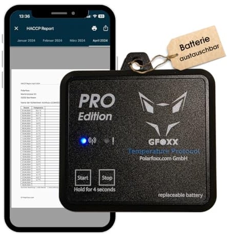 GFOXX Bluetooth Thermometer Pro Edition, Automatic HACCP Temperature Lists, Robust Construction, Easy Battery Change, App Controlled, for Refrigeration & Freezer Areas, IP67 Certified