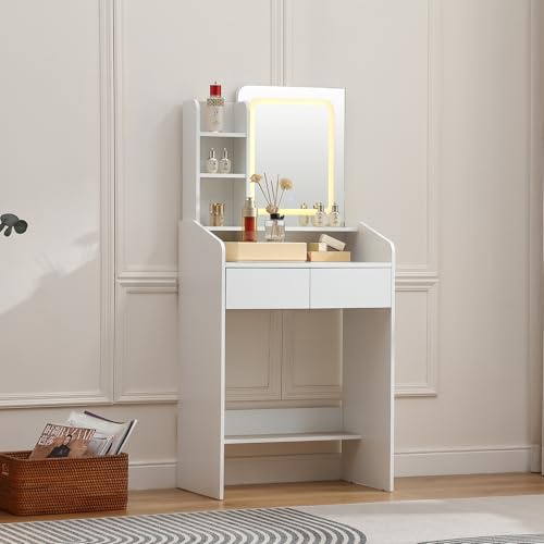FOREST GRAVITY Small Makeup Vanity Desk Klein Schminktisch mit Spiegel und Beleuchtung, 2 Schubladen, Schminktisch,3 einstellbare Farbhelligkeitsstufen, für Schlafzimmer, weiß（0151）