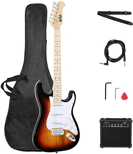 LEADZM E Gitarre Set, 39 Zoll Electric Guitar mit 20W Lautsprecher, Inklusive Gitarrentasche, Plektrum, Gurt, Verbindungskabel, Geeignet für Anfänger (Braune Holzfarbe)