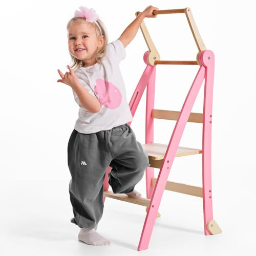 Goodevas Holz Lernturm Montessori platzsparend: Klappbarer Küchenhelfer, Hocker für Kinder, Faltbarer Tritthocker, Stehhilfe mit Kippschutz