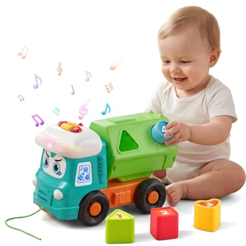 Meribbit Juguetes Camión de Juguete para Niños 2 Años, Juguetes Sensoriales con Luces y Sonidos, Camión de Construcción con Formas y Cuerda de Arrastre, Juguetes Educativos para 1 2 3