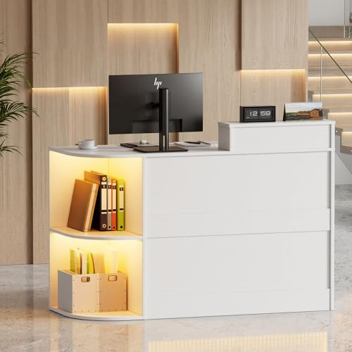 Mostrador de Recepción con LED, 120x102.5x48cm, Mostradores Recepcion Forma L con Cajón para Teclado | Cajón | Armario, Mostradores para Tiendas Escritorio de Recepción Moderno para Oficina, Salón