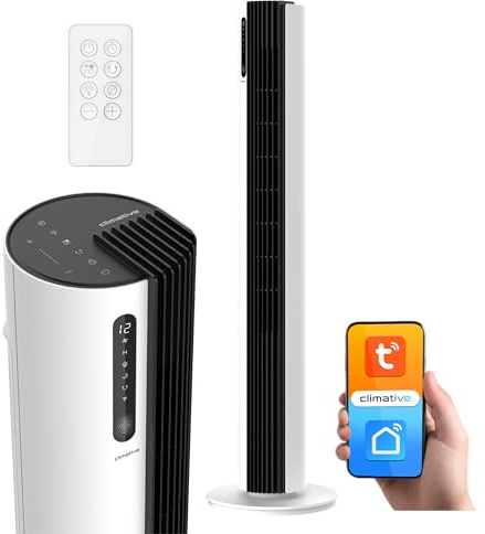 Climative Turmventilator 110 cm PURE Plasma Ionisierung WiFi Tuya Smart Life 12 Geschwindigkeiten 30W Timer 12h Standventilator sehr leise Ventilator mit Fernbedienung Tower Fan Luftkühler Weiß