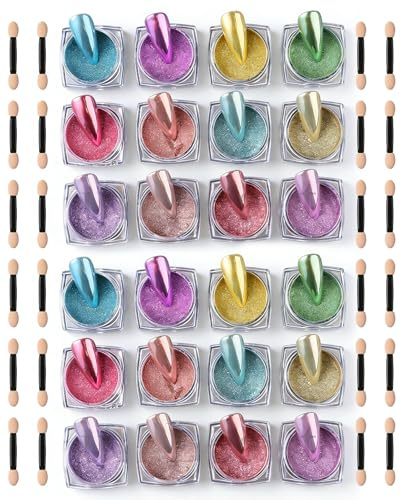 Daozhogo 24 Gläser Chrome Nail Powder mit 24 Nagelschwammstäbchen, Crome Pulver Nägel, Metallic Cromepulver Cromepulver Nägel Nagelpuder