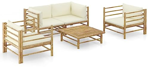RCODSSK Set salotto da giardino in bambù con cuscino imbottito bianco crema per esterni – mobili da giardino in bambù come comodo set lounge con federe lavabili