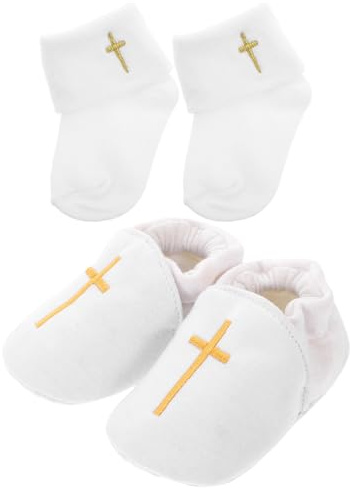 WRITWAA 1 set dopsockor, för pojke: unisex finskor med broderat kors, mjuk bomullsstrumpa för flickor, dopkläder för spädbarn, födelsedagsdop