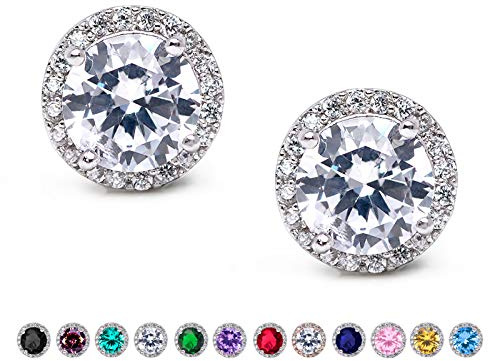 SWEETV Cubic Zirconia Stud Earrings, 8mm Round Cut, Rhinestone Hypoallergenic Earrings for Women-suitable for ages 15+ (01.Silver)