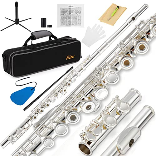 Eastar Open Hole 16 Keys Flute for Beginner Kids Student with Fingering Chart, Cleaning Kit, Stand, Case, Gloves, Tuning Rod, Silver, EFL-2
