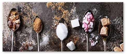 Küchenbild Zucker 30 x 80 x 0,4 cm I Glasbild mit Zuckerwürfeln I Panorama Wandbild mit weißen Zucker braunem Zucker I Wanddeko Home Kunstdruck I Deko Küche Vintage