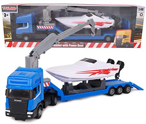 Toyland® Scania Pritschenschlepper Transporter mit Motorboot - Maßstab 1:48 - Freilauf (Blauer LKW)