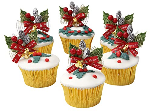 Green Christmas Cake Topper Holly Sprays 6 x GreenLeaves Decorations Yule Log Cupcake Muffin Toppers(6pc Holly)