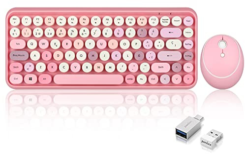 Perixx PERIDUO-713 - Mini tastiera wireless 2,4 GHz, tasti rotondi stile retrò, per PC e tablet, colore: rosa pastello, spagnolo QWERTY