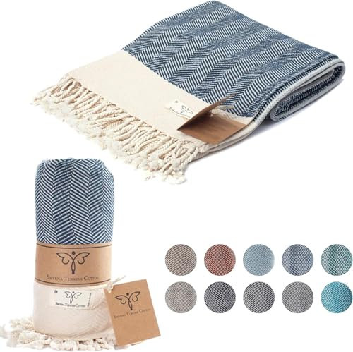 Smyrna türkische 100% Baumwolle Herringbone Kuscheldecke | Beste Qualität| Große 127x152cm kuschelige Decke | Hergestellt in der Türkei | Maschinenwaschbar | Premium Badetuch&Picknickdecke-Marineblau