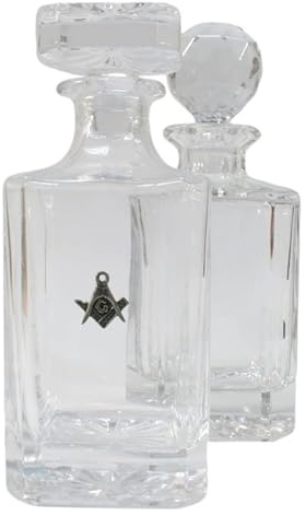 Masonic Pewter Cut Out Cut Crystal Glass Decanter & Golf Ball Style Stopper 230