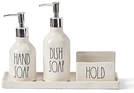 Rae Dunn Küchenspüle Seifenspender Set, Handseife und Spülseifenspender für Küche mit Schwammhalter und Tablett