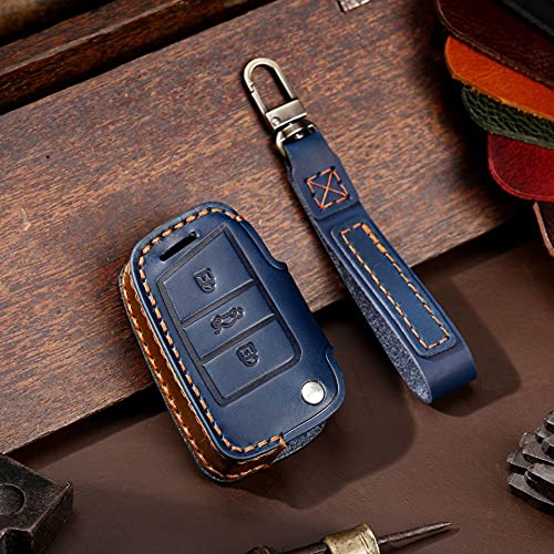 ontto Leder Autoschlüssel Hülle Passt für VW Golf 7 MK7 Polo T-ROC Tiguan Touran Skoda Karoq Superb Seat Leon Fernbedienung Cover Schlüsselhülle Schlüsselanhänger Schlüssel Schutz Etui 3 Taste-Blau B