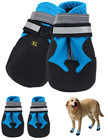 Hundeschuhe,4 STK wasserdichte Hundeschuhe mit reflektierenden Riemen Anti-Rutsch-Sohle Outdoor Pfotenschützer Hundeschuhe für kleine mittelgroße Hunde Winter,Blau (XL)