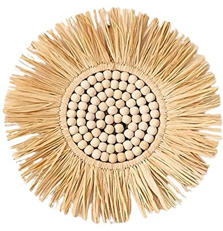 Benoon Miroir avec corde de suspension pour les murs, miroir à suspendre en paille marocaine perles en bois acrylique ornement pour appartement, salon, chambre à coucher, dortoir, entrée 4, X-Large