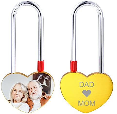 MeMeDIY Personnalisé Amour Coeur Lock Gravure Photo/Nom/Texte/Date/Symboles Image pour Couples Hommes Femmes Copain Amant Amant En Aluminium Mémorial Anniversaire Valentine Pont Cadenas (Couleur or)