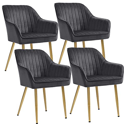 SONGMICS Esszimmerstuhl, 4er Set, Küchenstuhl, Sessel, Samt, Polsterstuhl mit Armlehnen, Loungesessel, bis 120 kg belastbar, Metallbeine, für Esszimmer, Küche, grau-goldfarben LDC077G01-4