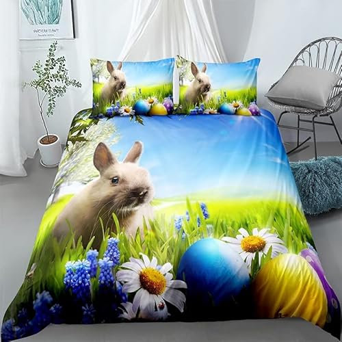 XIJIV Bettwäsche 200x220 Osterhase Blau, 3 Teilig Bettbezug Set - Gegen Hausstaubmilben Deckenbezug und Kissenbezüge 80x80 2er Set