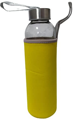 Wolke Glasflasche 500ml mit Schutzhülle [5 FARBIG] Trinkflasche Glas Spülmaschinenfest bruchsicher und Kohlensäure geeignet - Wasserflasche Edelstahldeckel für Fitness, Arbeit, Schule, (Gelb)