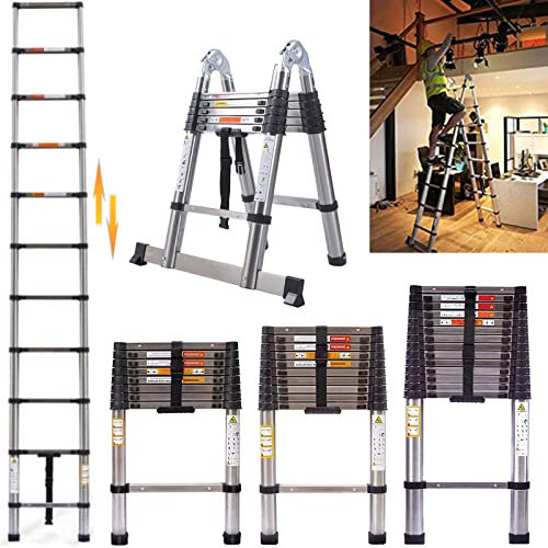 Échelle télescopique de 3,8m - Antidérapante Echelle Pliante 2 en 1 Echelle Escamotable - Fabriquée en Acier Echelle Télescopique Double Plan - Charge 150kg - Échelle Escabeau Télescopique(1,9+1,9m)